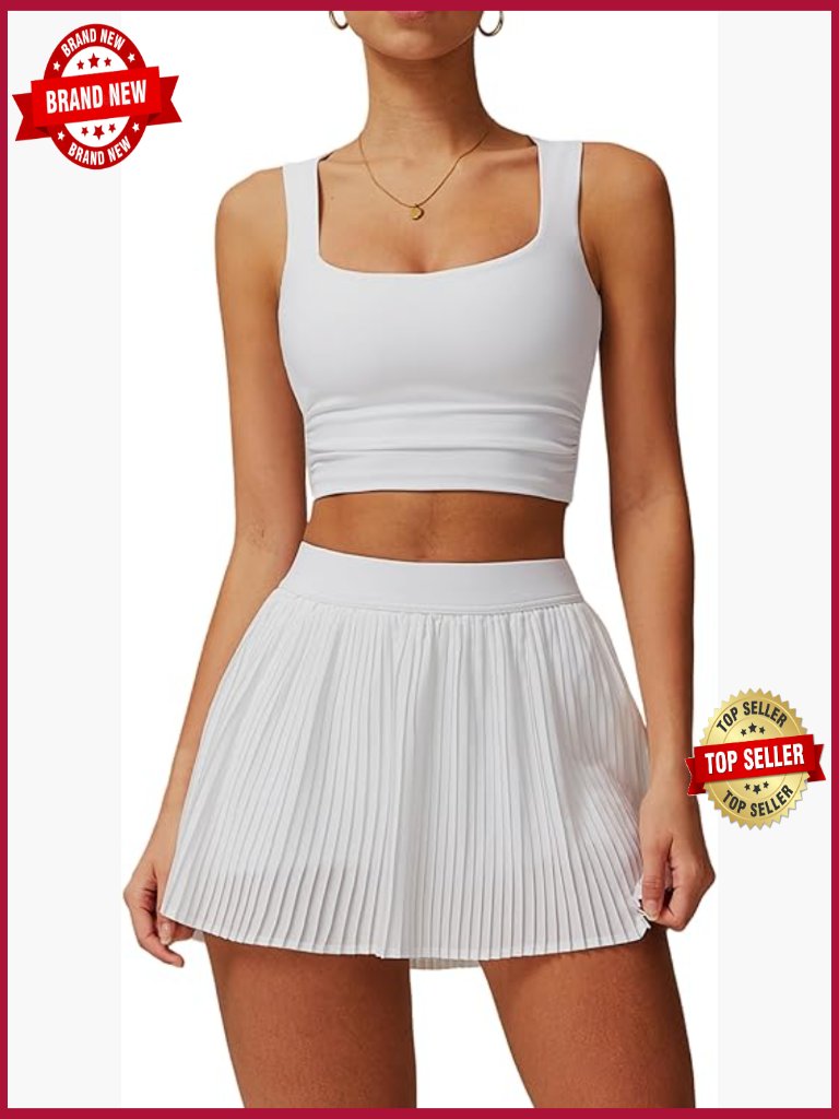 2 Piece Tennis Dresses High Waisted Pleated Skirt Sets Square Neck Workout Tank